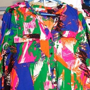 Calvin Klein Vneck Roll tac sleeve chiffon silky feel abstract paintbrush blouse